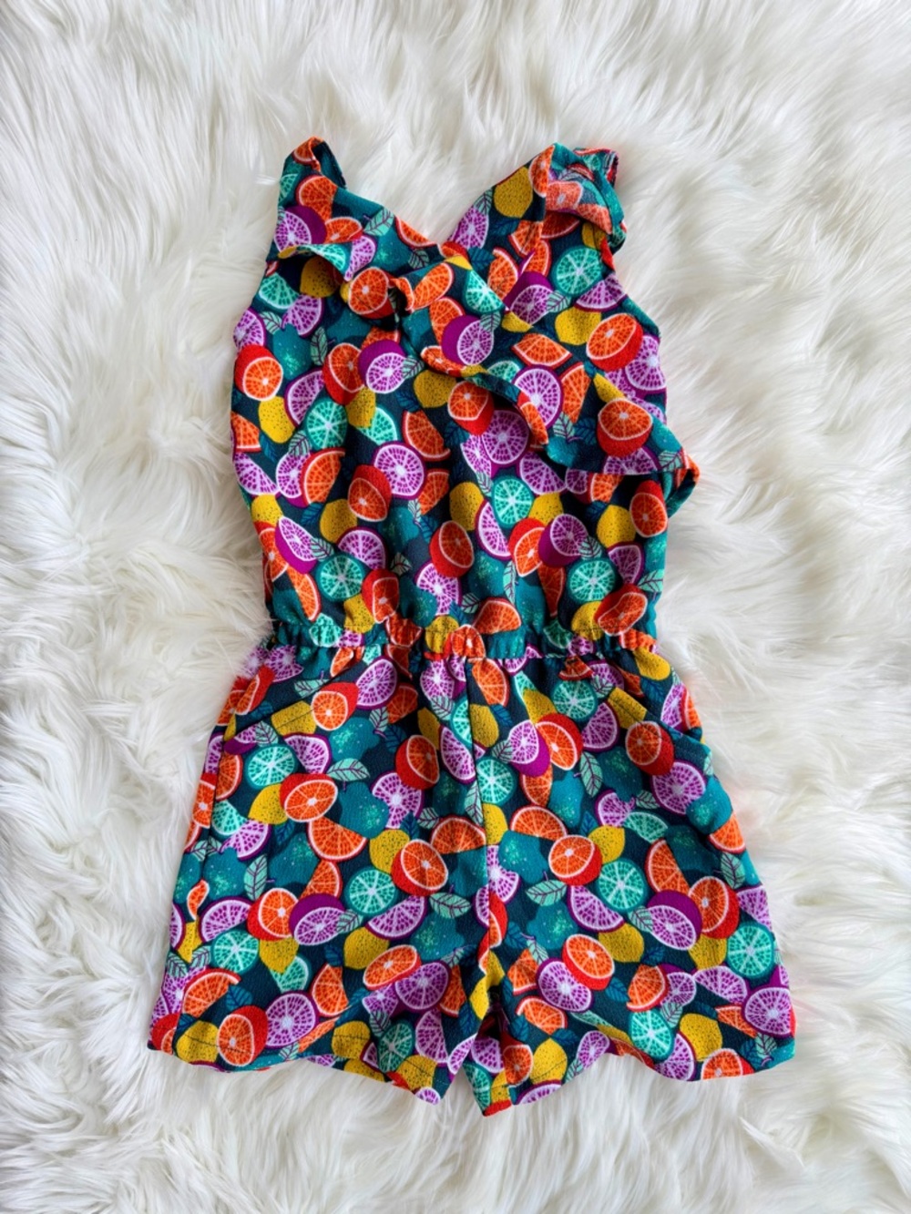 Wonder Nation Teal Multicolor Citrus Ruffle Romper Size XS(4-5)